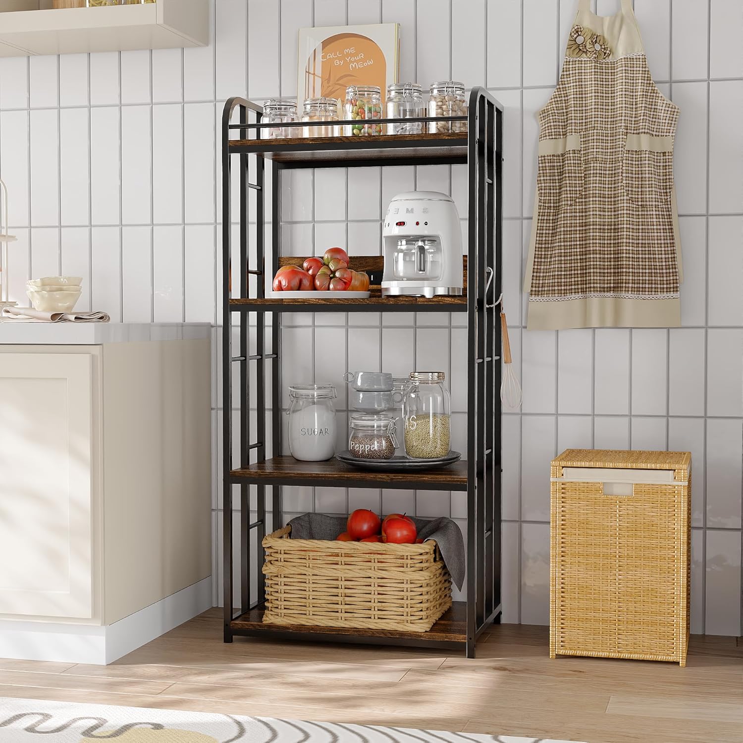 Adjustable 4-Tier Heavy Duty Kitchen Baker's Rack with Power Outlet, Free Standing Microwave Oven Cart Stand for Storage in Kitchen, Living Room, Garage