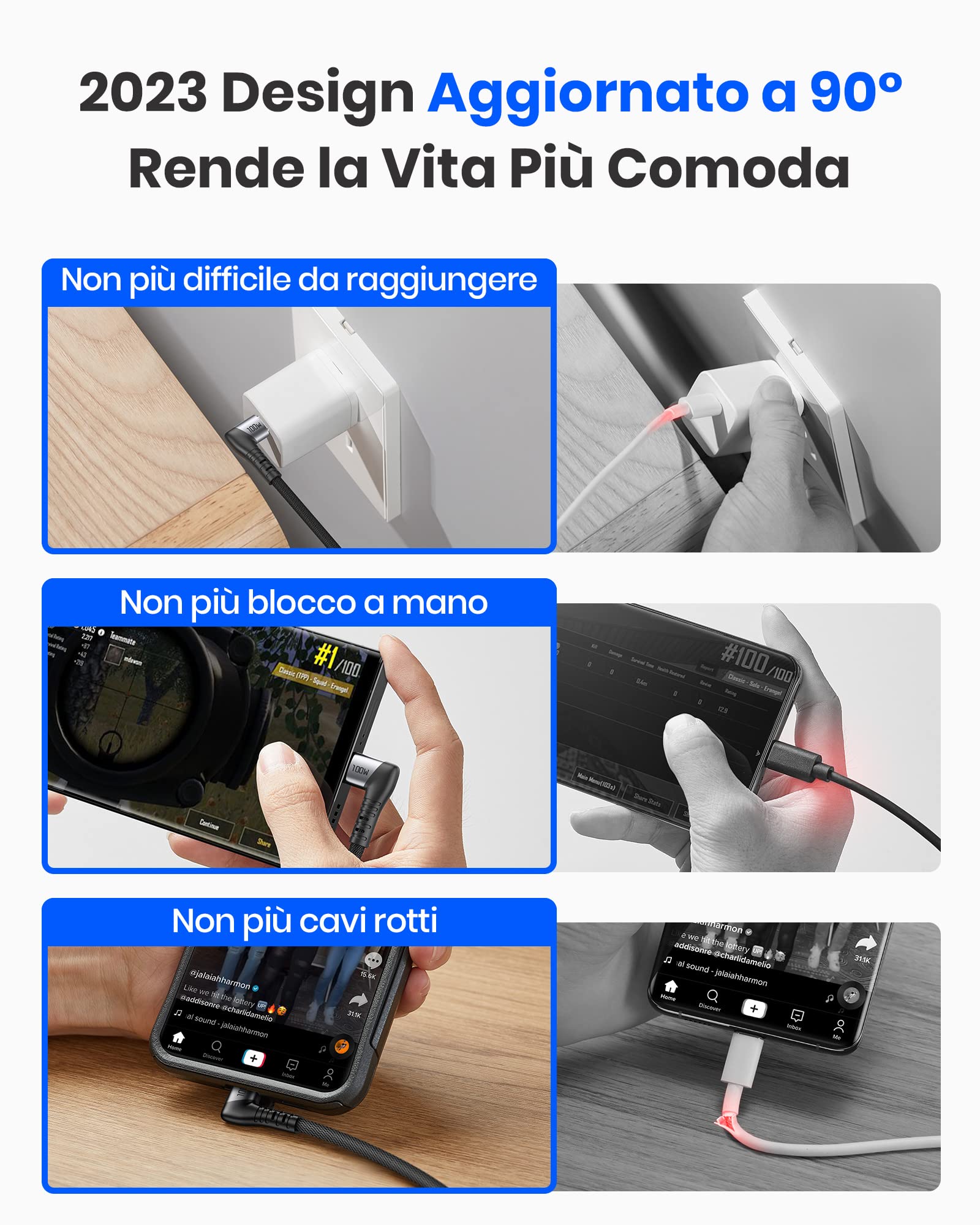 SAFUEL Cavo USB C USB C, 2023 Aggiornato 90° PD 100W Ricarica [2Pezzi, 2m] Rapida Pacco, Cavo USB Type-C QC 4.0 Intrecciato in Nylon per iPhone 15 iPad MacBook Air/Pro, Samsung S22 S21 Google ecc.