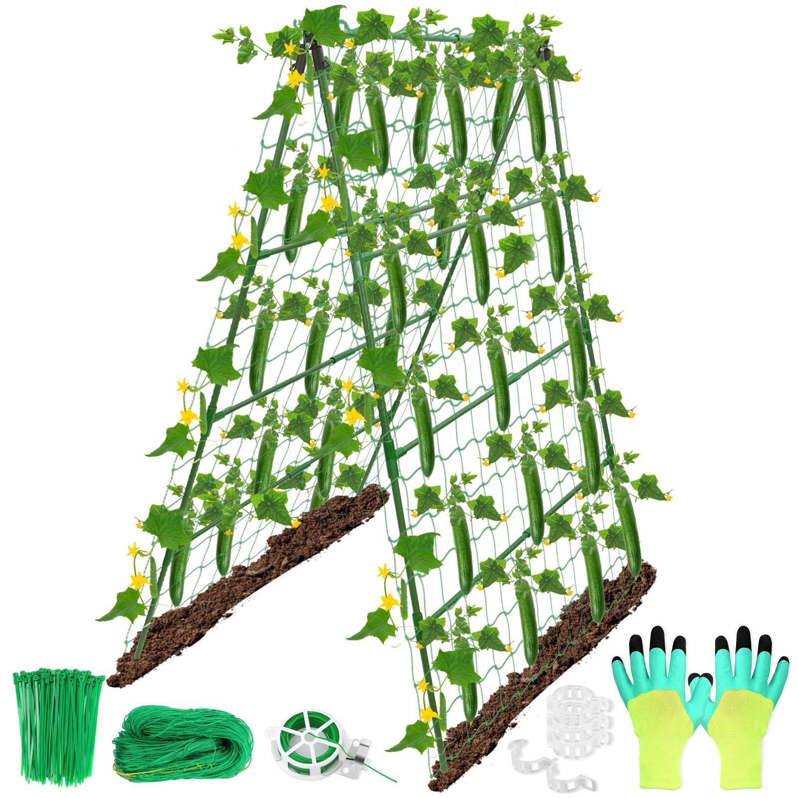 Cucumber Trellis for Climbing Plants Outdoor, 80 x 135 cm Adjustable A-Frame Runner Bean Support Frame Rustproof Metal Garden Trellis with Netting Plant Clips Ties for Vining Vegetables Fruits Flowers