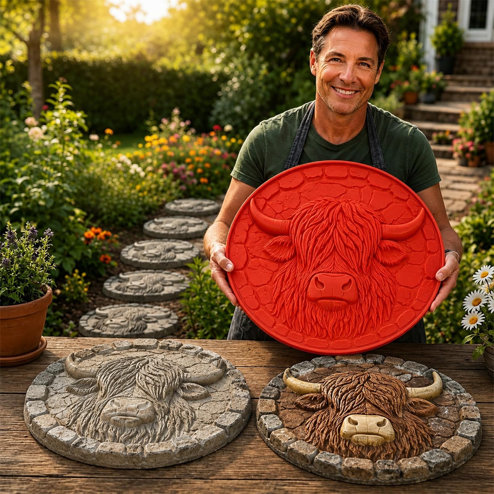 Reusable Sunflower Stepping Stone Mold for Garden Path Paver，Cow：15.7 x 15.7 x 0.98 inches
