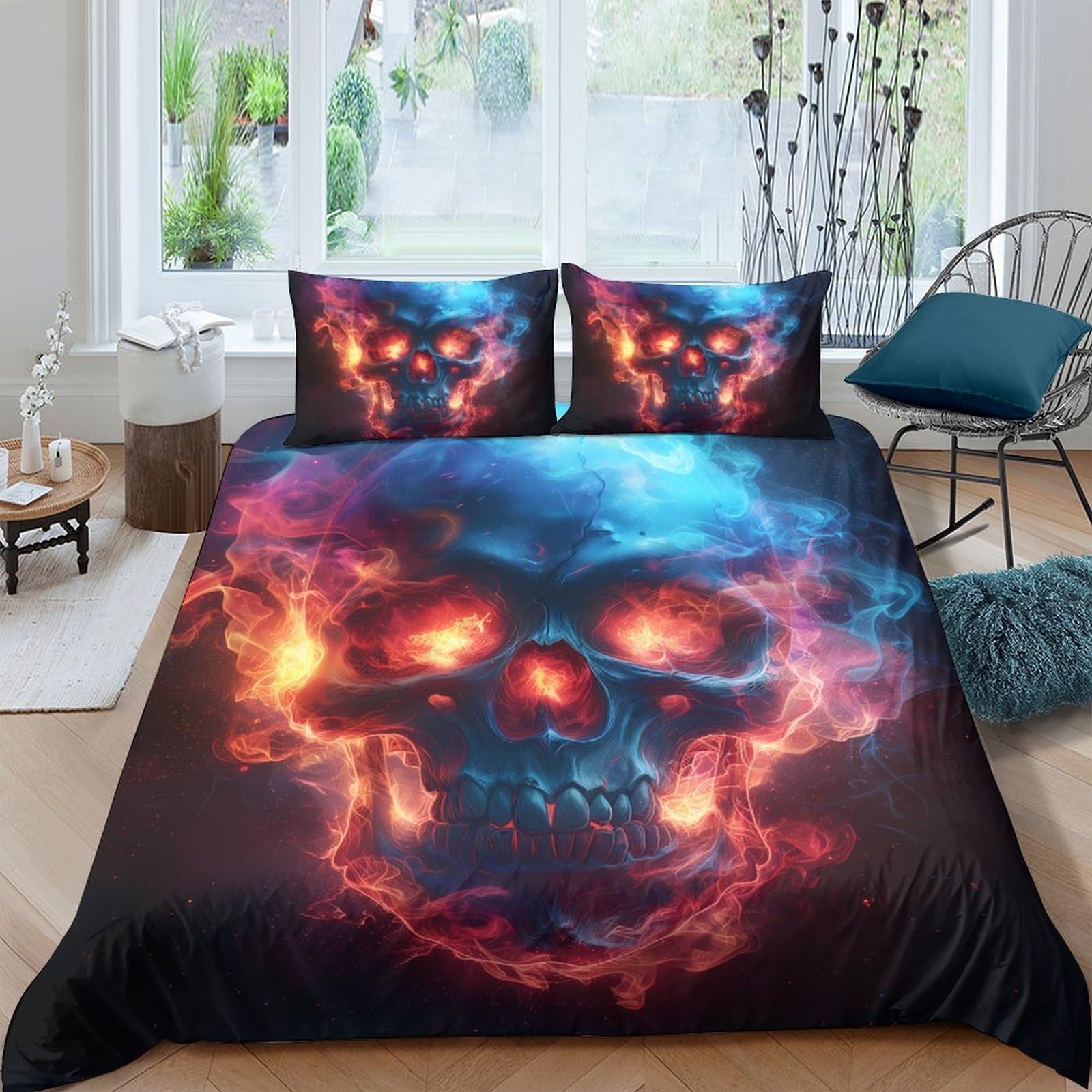 Ctjqhvkz Style-2 3D Printed Fire Skull Fitted Sheet Microfiber Soft Breathable Smoke Skull Mattress Cover Bedroom Decor Single（135X200cm）