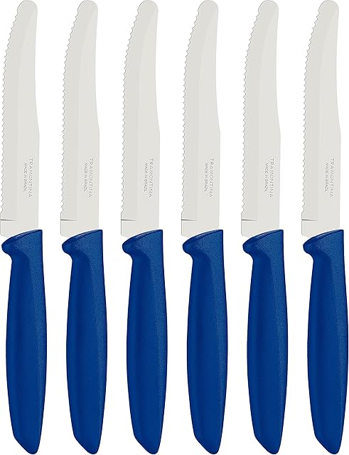 Tramontina Kitchen Knives Set of 6, Serrated Fruit Tomato Cooking Knife, Vegetable Chopper Peeler, Stainless Steel, Multipurpose, Rounded Tip, Blue, 23498155