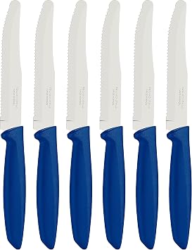 Tramontina Kitchen Knives Set of 6, Serrated Fruit Tomato Cooking Knife, Vegetable Chopper Peeler, Stainless Steel, Multipurpose, Rounded Tip, Blue, 23498155