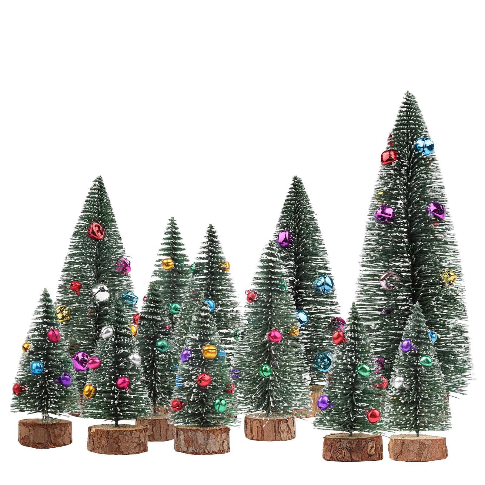 TaoQ C 12 PCS Mini Christmas Trees Small Sisal Trees Artificial Mini Christmas Trees Christmas Bottle Brush Trees with Wood Base and Small Bell for Home Table Decor Winter Christmas Party Decor