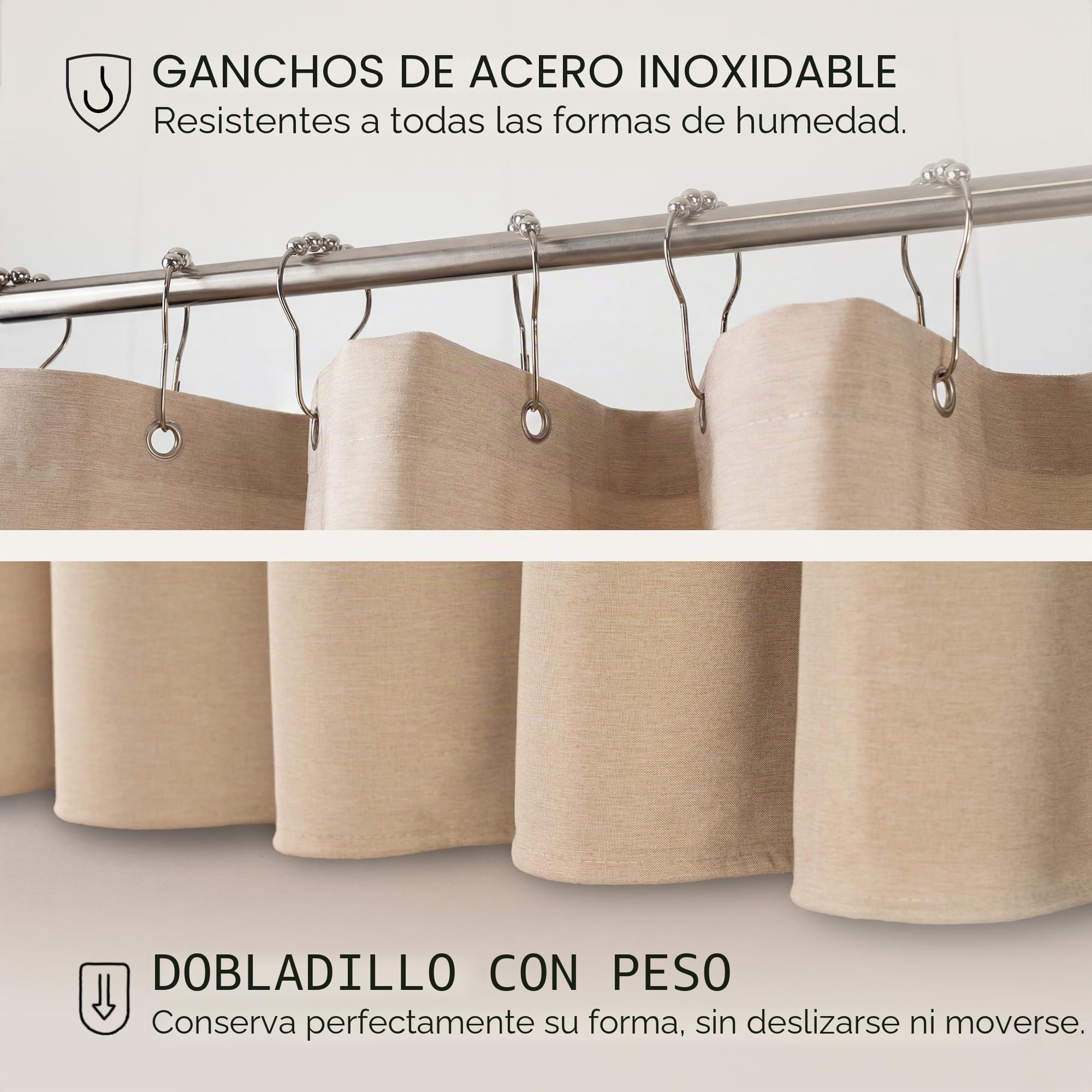 Cortina de ducha de textura de lino de alta calidad, 180 x 180 cm, impermeable y antimoho, lavable, dobladillo con pesos, con ojales, color beige