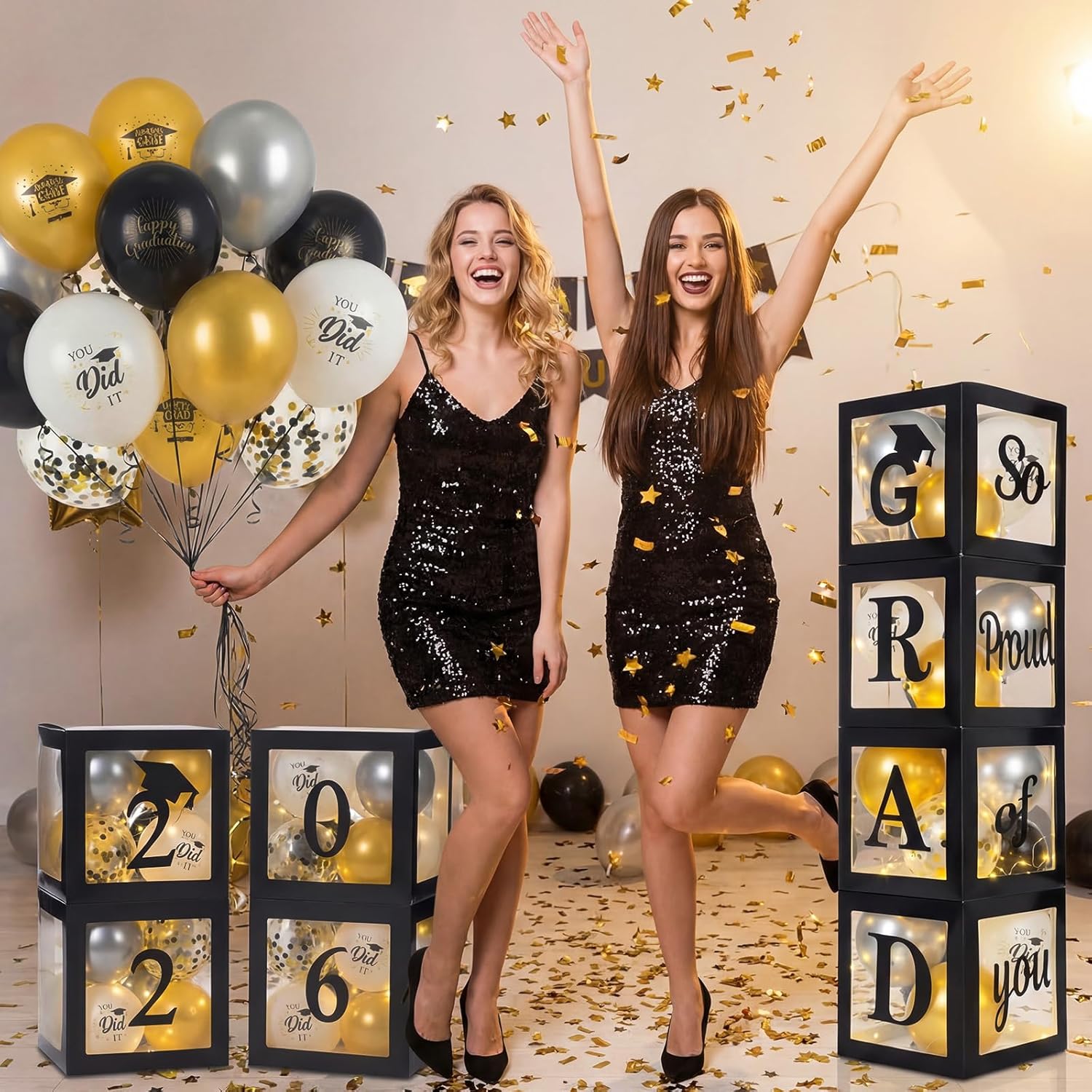 62 Pcs 2026 Graduation Party Decoration, 8 Pcs Black Balloon Boxes with Letters 2026 Grad & So Proud of You and Light for Class of 2026 Decorations Preschool High School College Grad Party