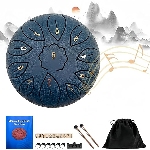 Rain Drum for Outside - Steel Tongue Rain Drum 11 Note 6 Inch for Garden When it Rains with Bag, Music Book, Mallets, Musical Education Entertainment Meditation Yoga Zen Gifts (Navy Blue)
