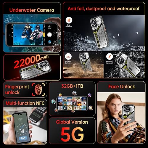 Miniatura 2 de 16PROMA X 32+1TB Armor Teléfono celular desbloqueado, teléfono inteligente con pantalla HD de 6.99 pulgadas, batería Android 15, 22000 mAh, teléfono