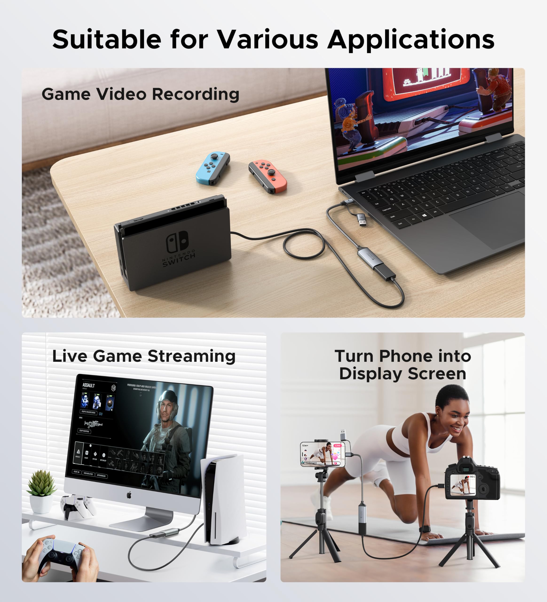 WARRKY USB 3.0 Video-Capture-Karte, 1080P 60FPS HDMI auf Typ C/USB A Capture Card für Aufnahme und Streaming [Nylon geflochtenes Kabel, Aluminiumgehäuse] für Windows/MacOS/PC, Switch, Xbox, PS4 und 5