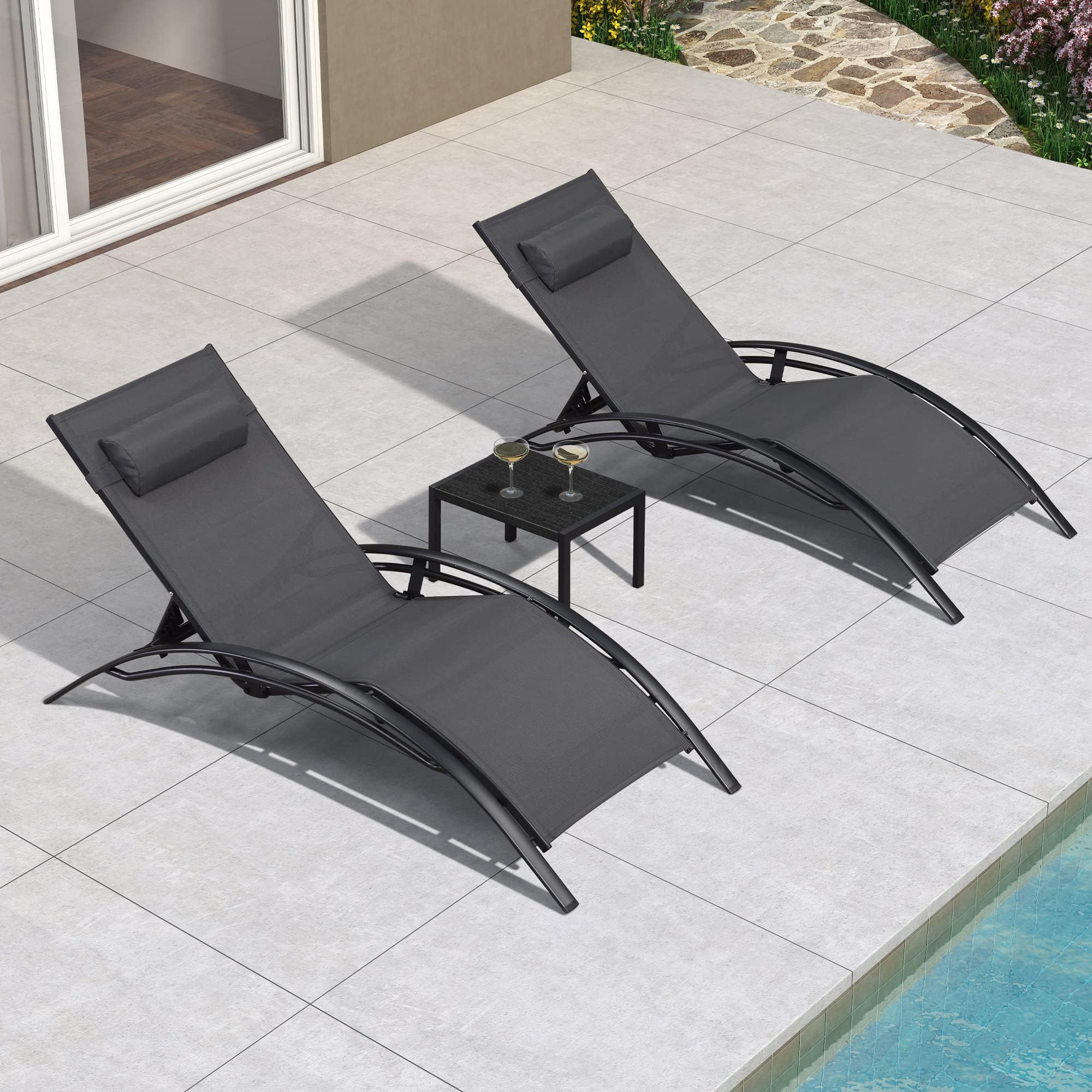 PURPLE LEAF Lot de 2 Bains de Soleil Aluminium XL Gris avec Table Transats