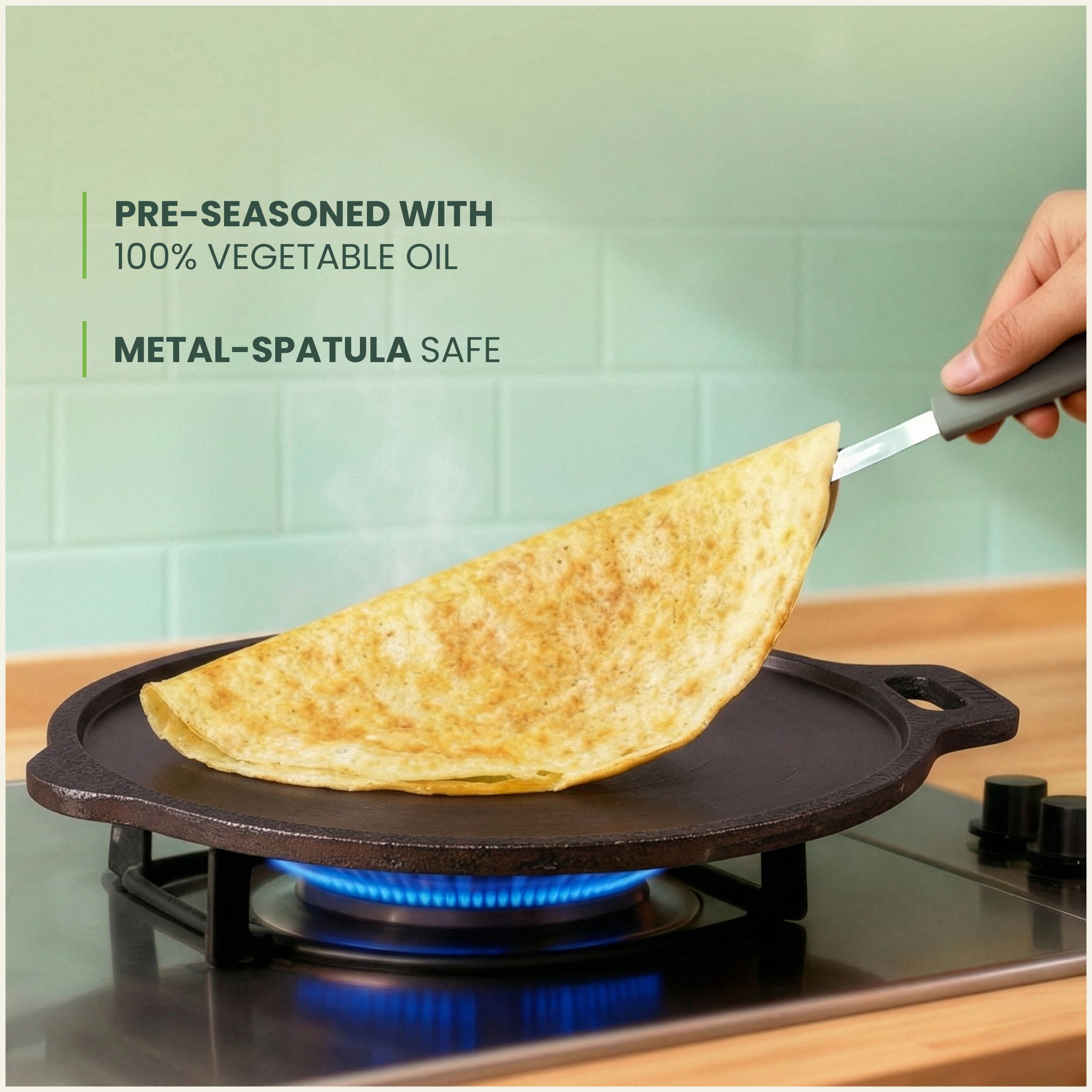 The Indus Valley Super Smooth Cast Iron Tawa with Free Wooden Spatula for Dosa/Chapathi | 27.6cm/10.8 inch, 2kg | Induction Friendly | Naturally Nonstick, 100% Pure & Toxin-Free 3