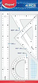 Kit Régua 30cm + Esquadros Escaleno 60° e Isósceles 45° + Transferidor 180°, Maped, Kit Essentials, 242830, Transparente