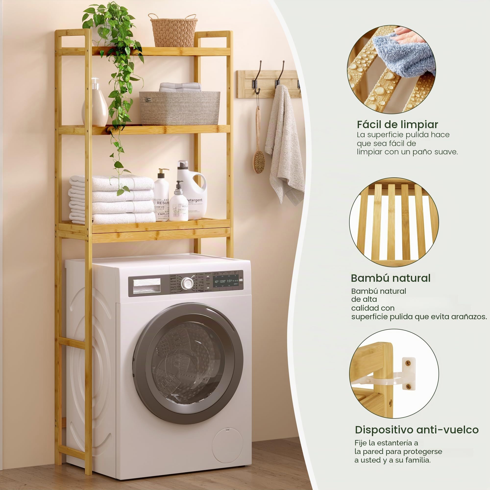 EUGAD Estantería Baño Bambú con 3 Estantes, Estantería Alta Encima WC, Mueble Baño sobre Lavadora con Rejillas Transpirables, 63,5x26x163 cm, Color Bambú Natural