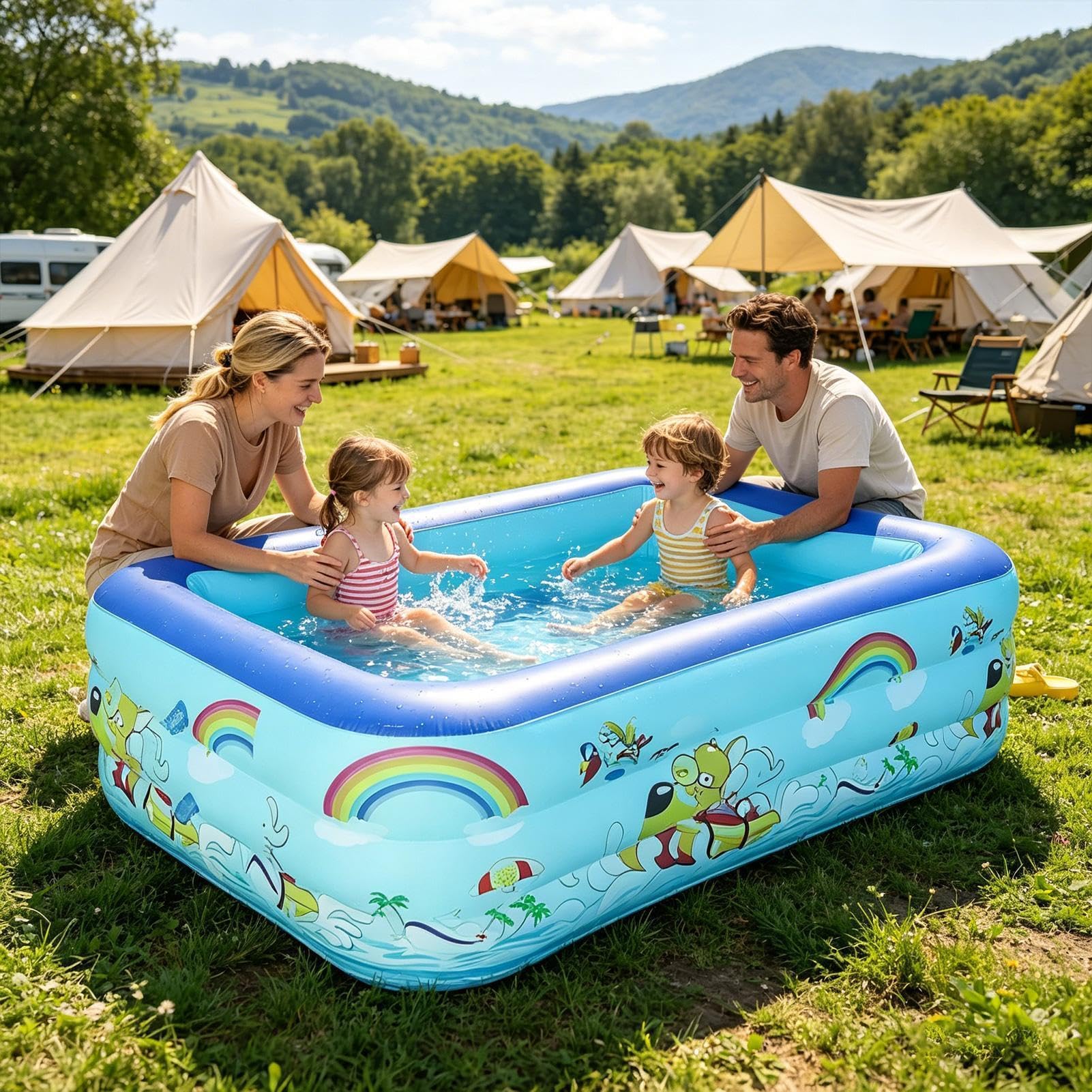 Piscina Gonfiabile per Bambini Rettangolare, 210x135x56cm Piscina Fuori Terra da Giardino e Esterno in PVC Ispessito, Vasca Idromassaggio Gonfiabile con Fondo Imbottito per Festa Acquatica Estiva