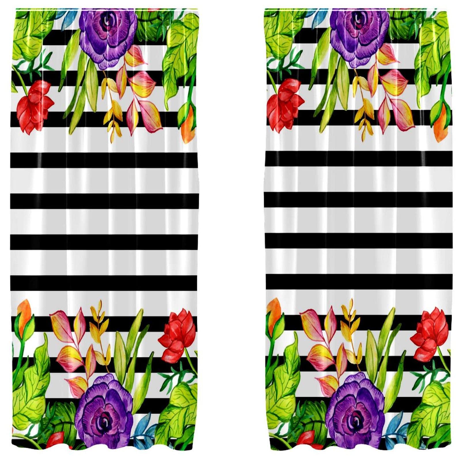 Rideaux de chambre anti-regard motif floral rayures noir blanc