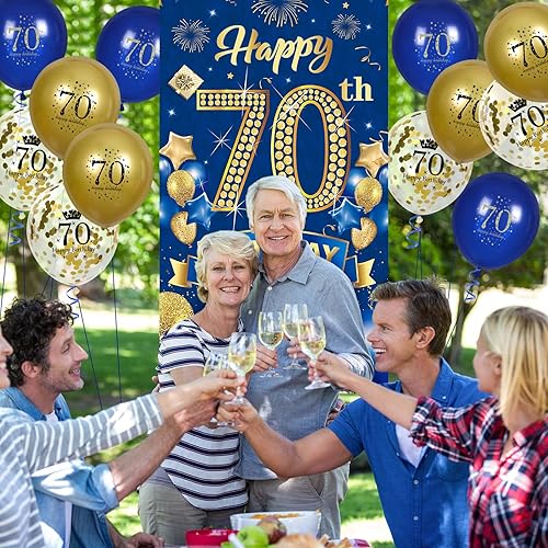 Miniatura 2 de Cartel de cumpleaños número 70 azul marino y dorado con 18 globos de 70, telón de fondo para puerta de hombres y mujeres, suministros de decoración