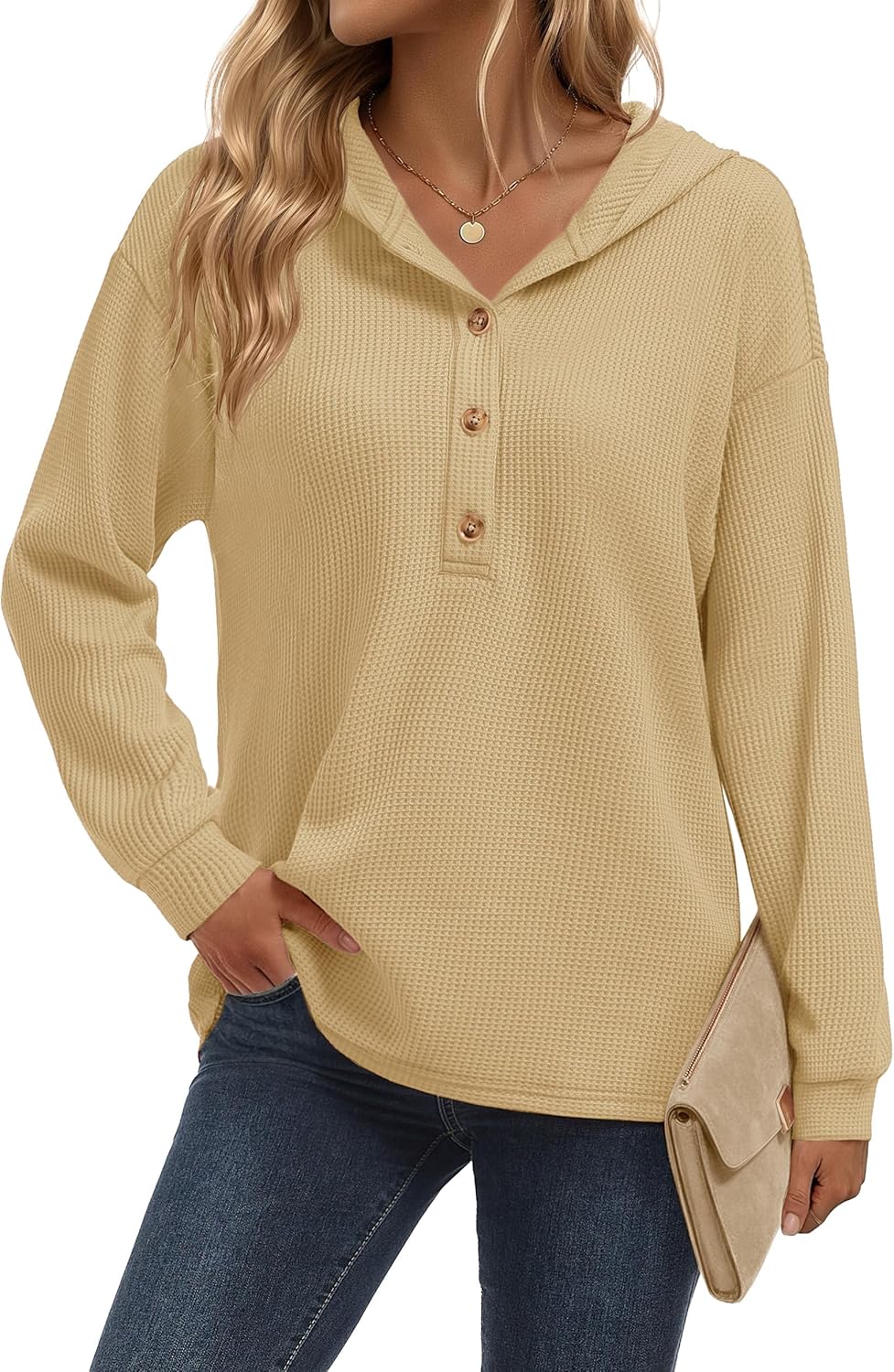 YUCOLEN Womens Waffle Shirt Trendy Cotton Waffle Knit Hoodies Oversized Sweatshirt Casual Waffle Knit Top - Image 2