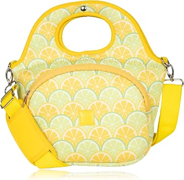 Made Easy Kit Large Insulated Lunch Tote Bag Stylish Neoprene Carrier Foil Lining, Front Zipper Pocket & Shoulder Strap Machine Washable, Lightweight, Travel Ready Lemon & Lime
