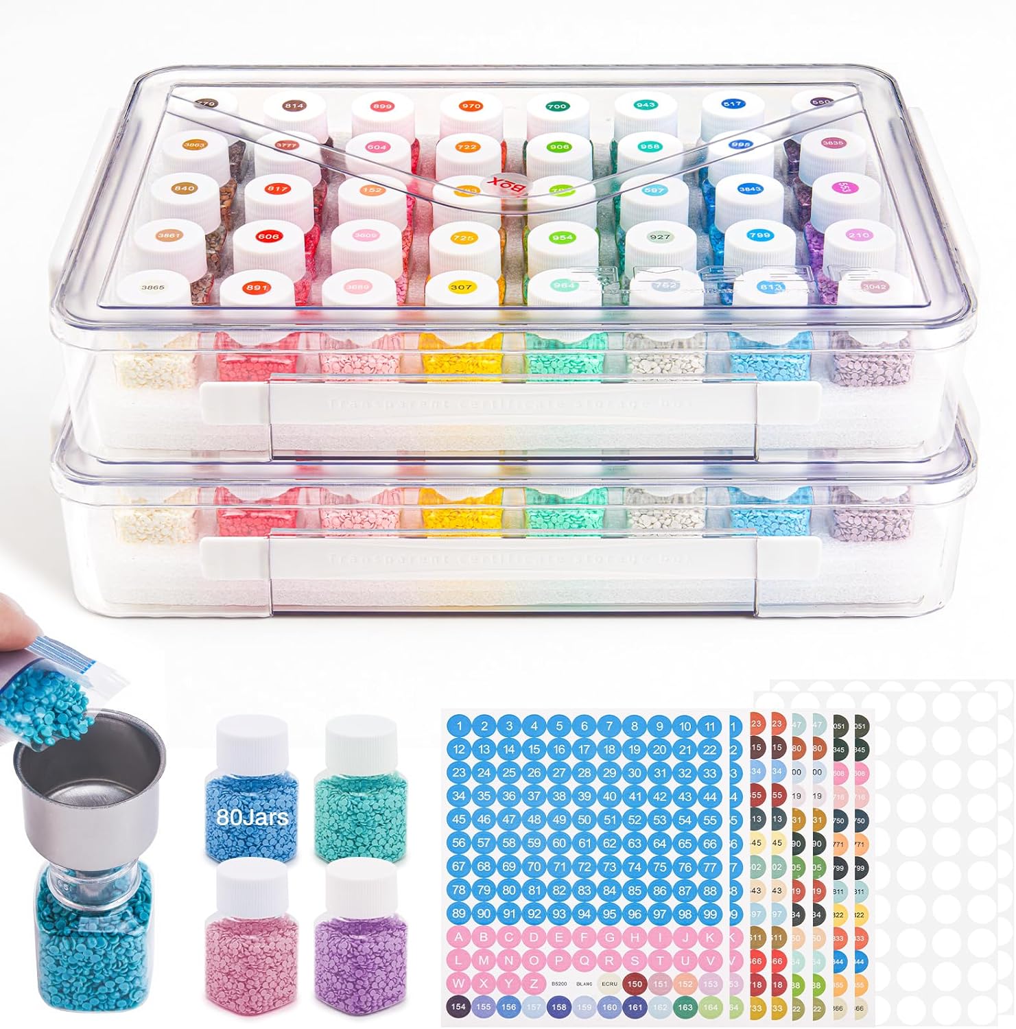 80 Slots Diamond Painting Storage Containers, Bead Organizer for Diamond Art Accessories, Clear Plastic Storage Boxes with Foam Base and Label Stickers for Beads Seeds Rhinestones (2 Pack)