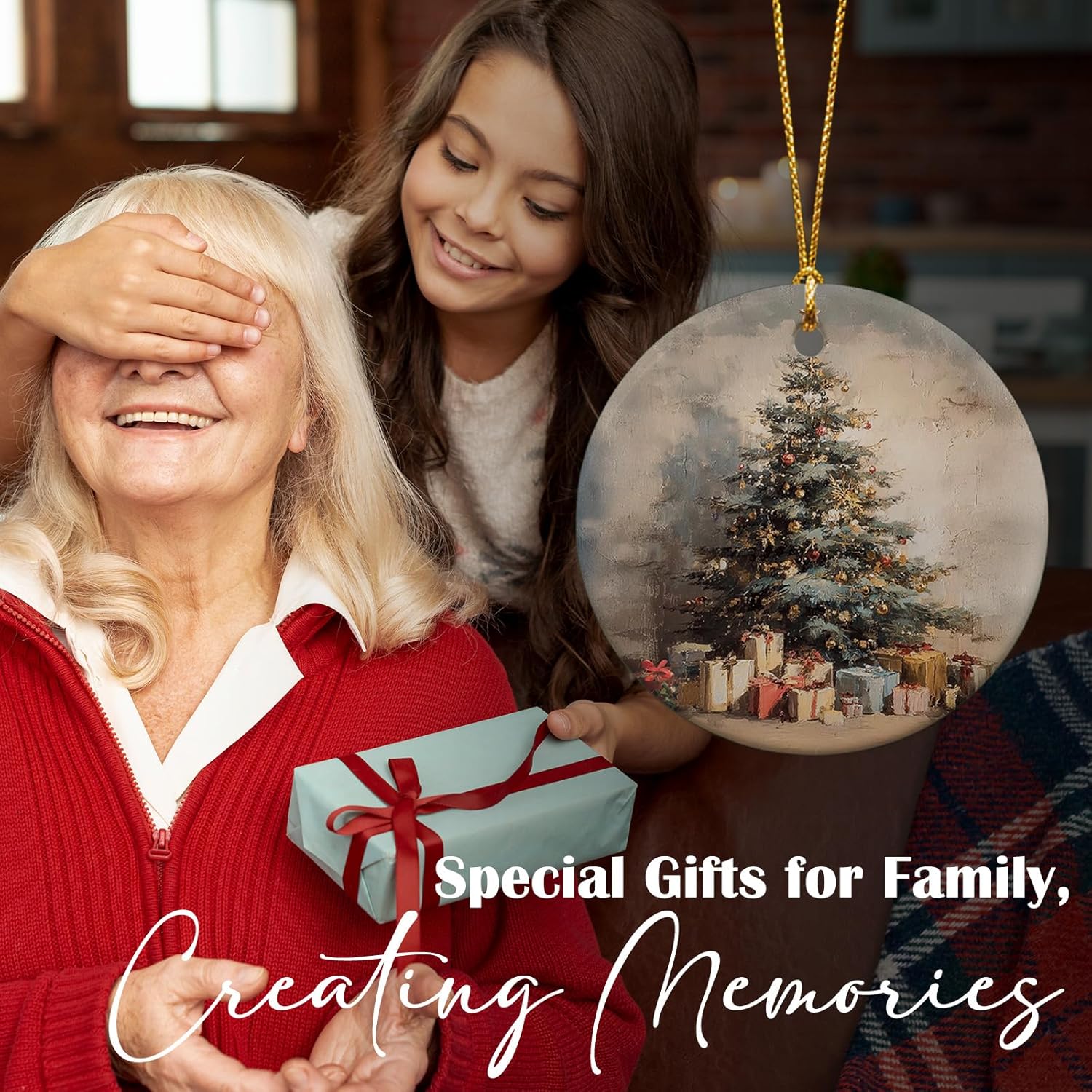 Christmas Tree Ceramic Ornaments, Vintage Hanging Round Holiday Ornament Decor, Retro Winter Gifts Keepsake for Women Car Window Decorations 3in - Image 5