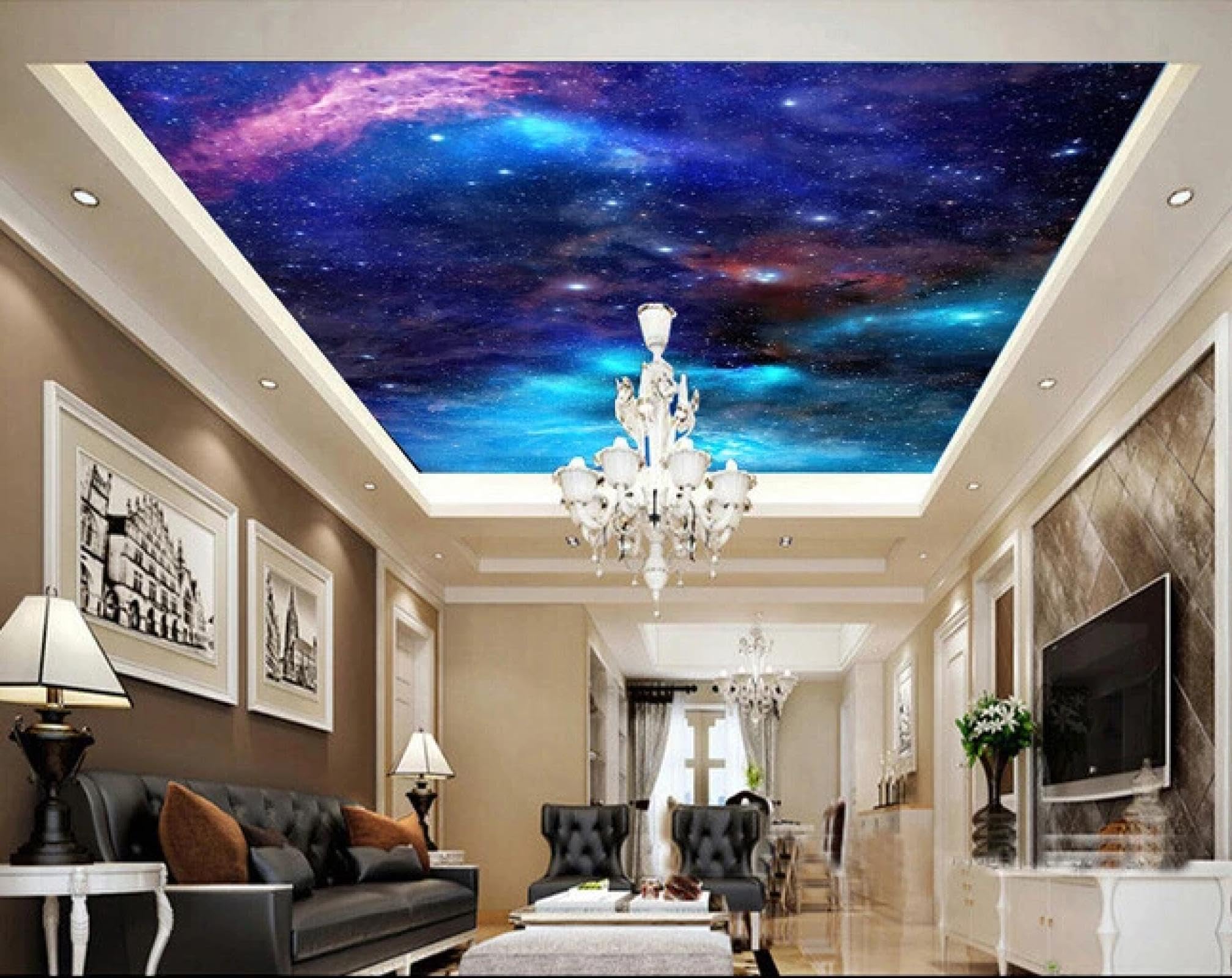Papier peint 3D ciel étoilé pour masquer un plafond abîmé de chambre