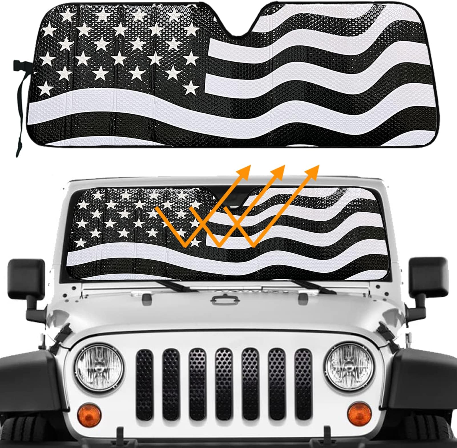 Big HippoAmerican Flag Windshield Sunshade for 2007-2022 Wrangler Rubicon Sahara TJ JK JKU 2 & 4 Door Car Sun Shade Sun Visor Protector Blocks UV Rays and Keep Vehicle Cool (Black)
