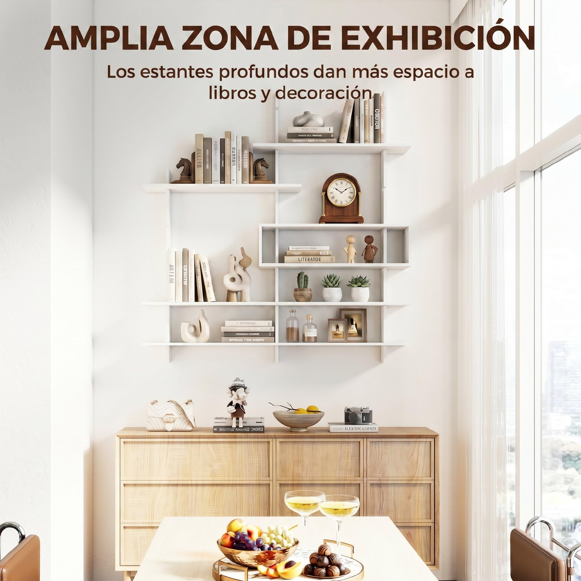 HOMCOM Estantería de Pared, Librería Geométrica con 4 Estantes, Blanco | Compartimento Central Rectangular, Estantes Decorativos, para Salón o Dormitorio