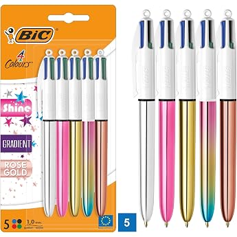 BIC 4 Colours Ballpoint Pen Set 4 Colours Shine in Various Colours Pack of 5 Ideal for the Office Home Office or School