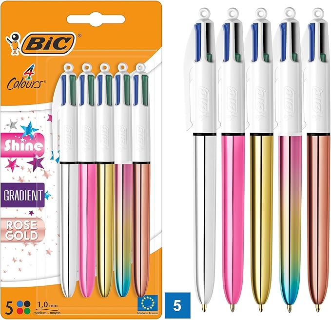 BIC 4 Farben Kugelschreiber Set 4 Colours Shine, in verschiedenen Farben, 5er Pack, Ideal für das Büro, das Home Office oder die Schule