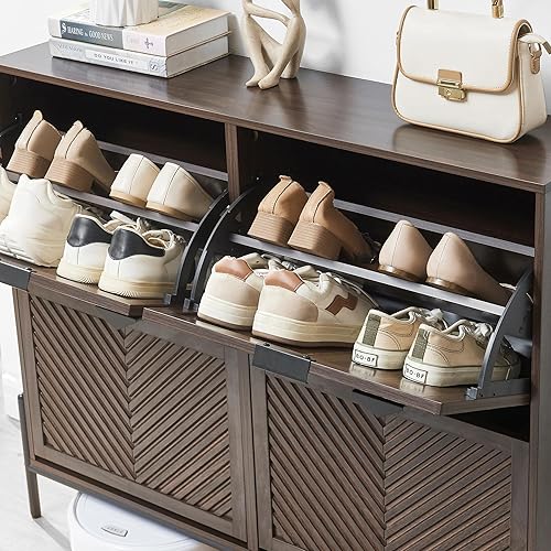 Vista 27 de HUSHEDIFY Armario de almacenamiento para zapatos con 2 cajones abatibles, organizador de zapatos estrecho oculto para entrada, zapatero delgado