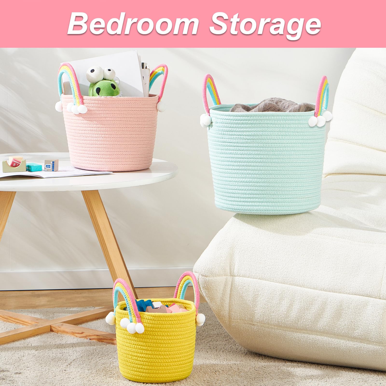Cesto portaoggetti per bambini, per giocattoli, per vestiti, 3 pezzi, design floreale, tessuto morbido con manico, perfetto per organizzare l'asilo (cesto arcobaleno)