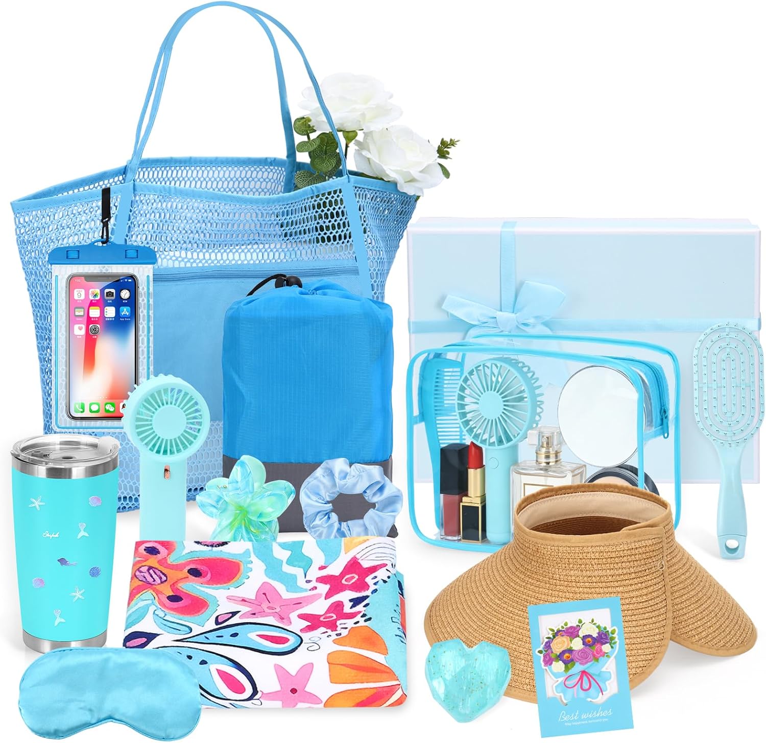 VZCBZC 16PCS Beach Gifts for Women, Self Care Gifts Get Well Gift Set for Her, Beach Blanket Gift Basket for Mom Sister Wife Her as Travel Camping