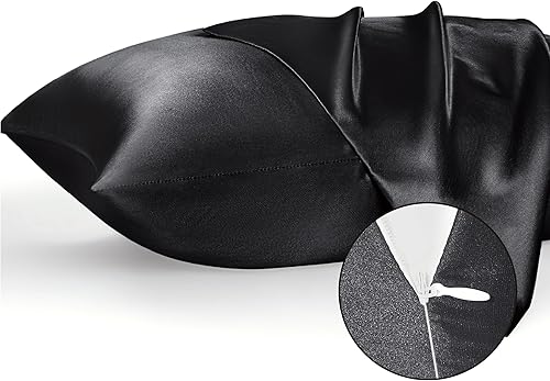 Bedsure Juego de 2 fundas de almohada de satén sedoso para el cabello, juego de 2 fundas de almohada de color negro, satén mejorado similar a la
