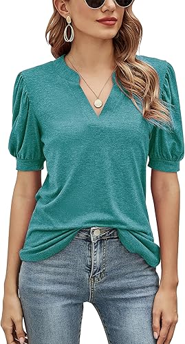Romanstii Women Casual V-Neck T-Shirts Loose Puff Short Sleeve Tops Tunic Blouses