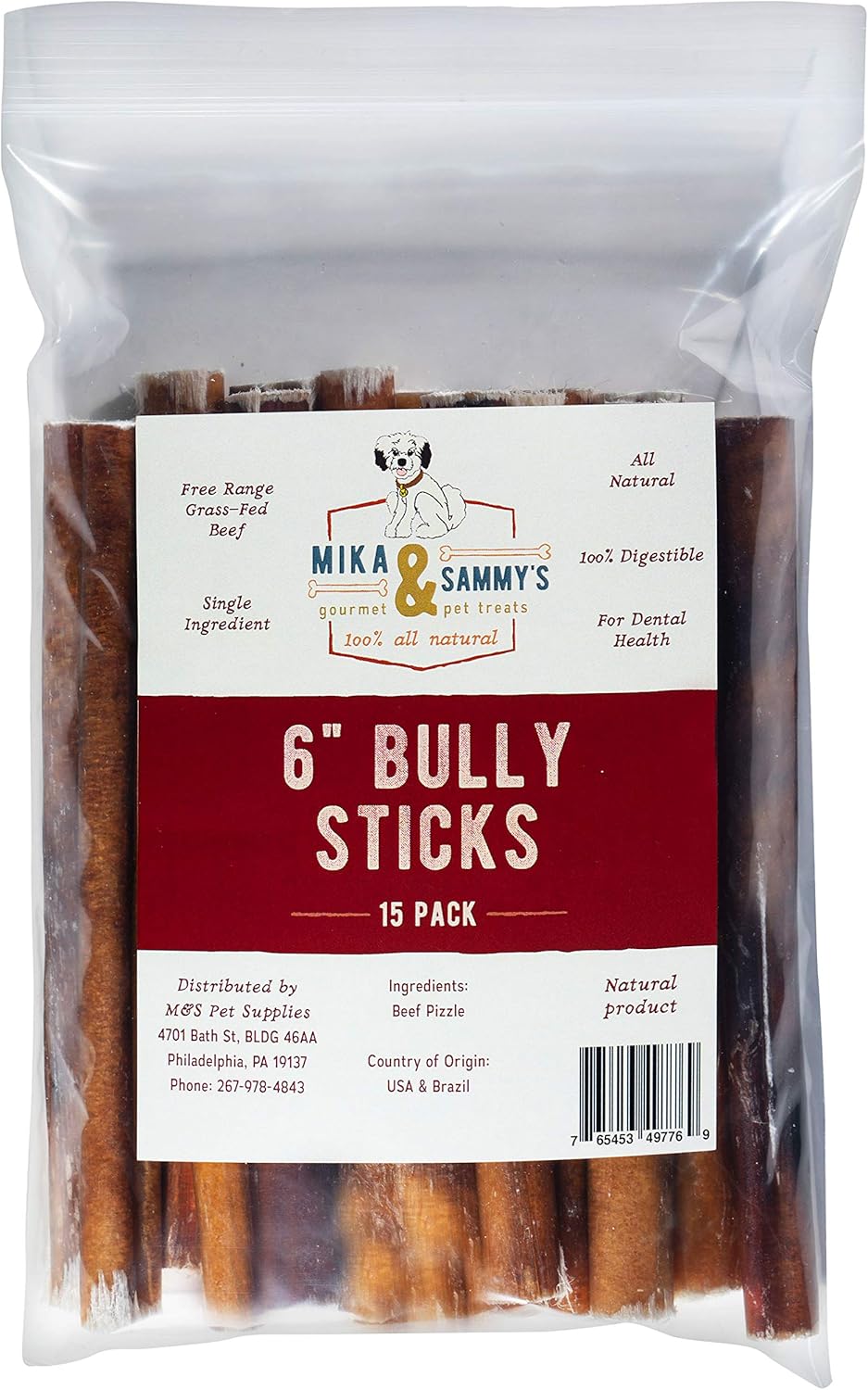 Mika & Sammy's 6 Inch Regular All Natural Bully Sticks for Small & Medium Dogs (6 Inch 15 Pack)