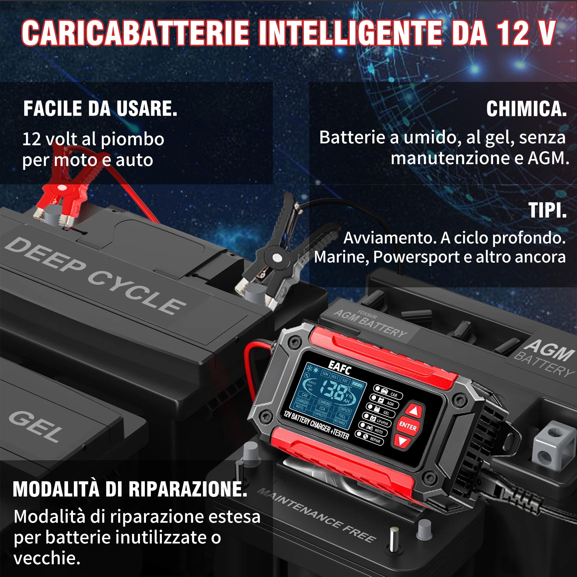Tester Batteria Auto, 12V 6A Tester per Batterie, del Caricatore e LiFePO4 Strumento Diagnostico della Batteria per Auto Moto Barche SUV e Camion