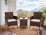 Flamaker Ensemble de meubles patio 3 Pièces Chaises de patio pour meubles d'extérieur Rattan tout-temps avec table en verre trempé pour balcon de porche Bistro (Brown/Cream)