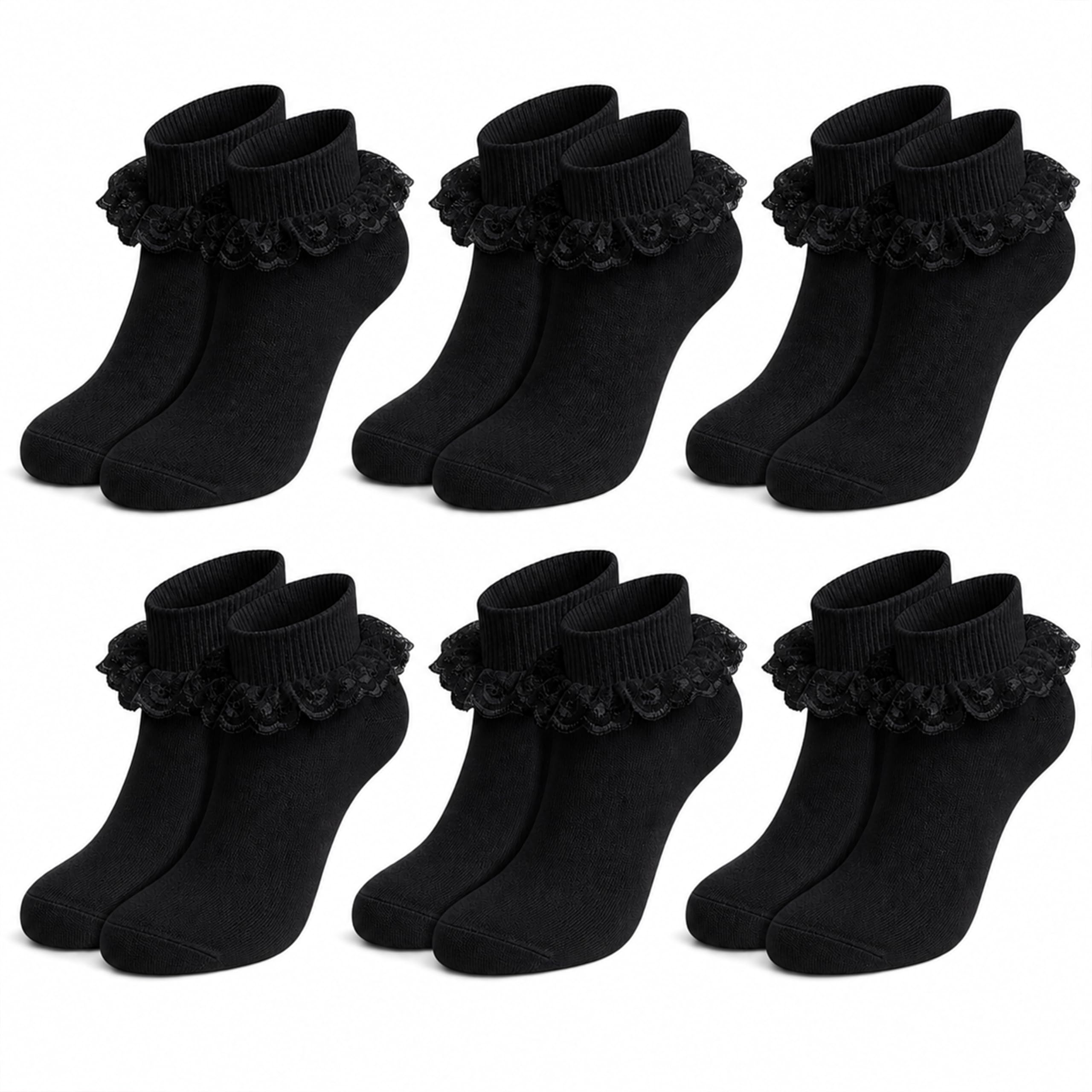 Sockstack Kids Girls Socks 6 Pairs Frilly Lace Ankle Sock with Delicate Lace Trim Cotton Rich for Dressing up School Parties and Everyday Wear Black, 6-8