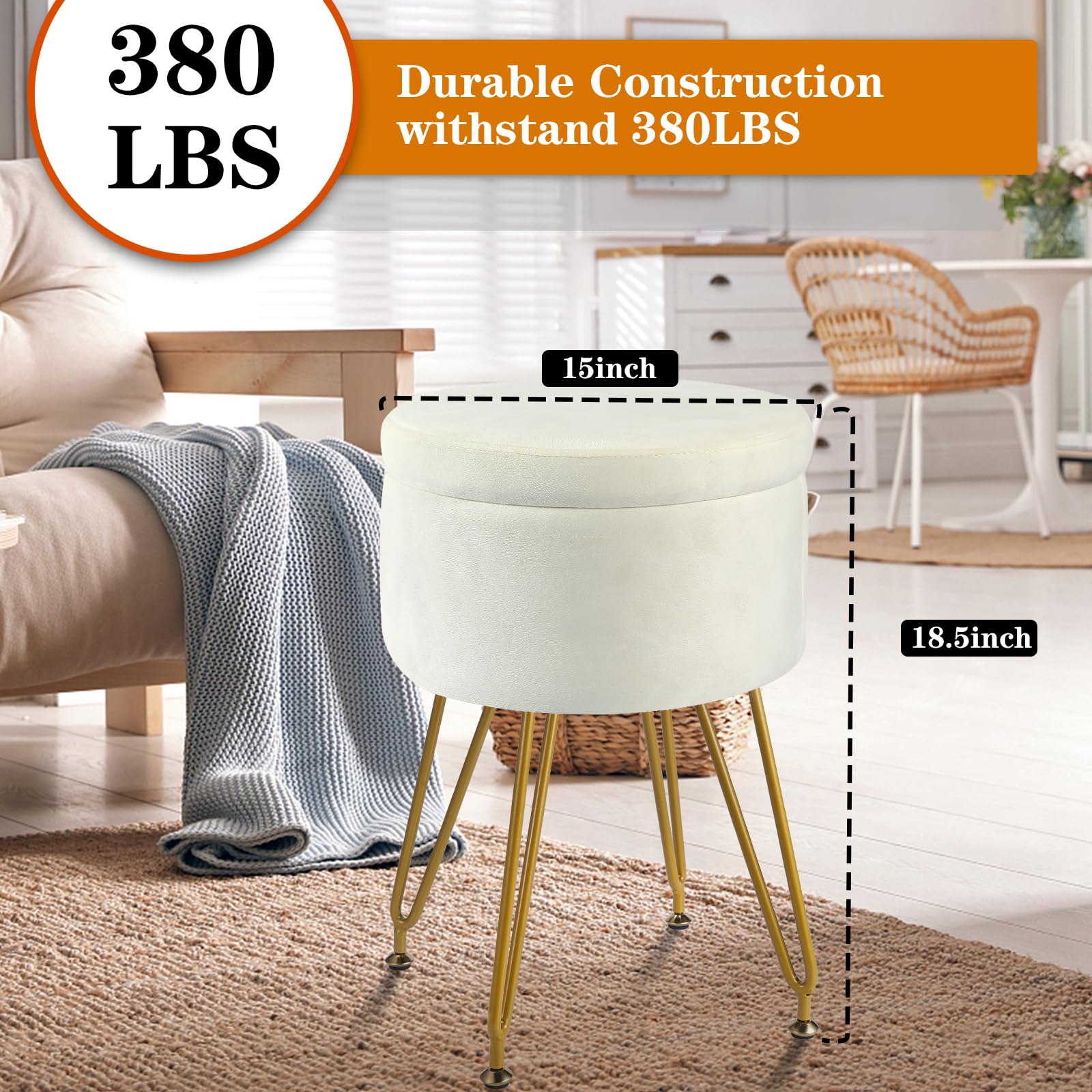 Velvet Round Ottoman with Storage, Golden Metal Legs, Coffee Table 