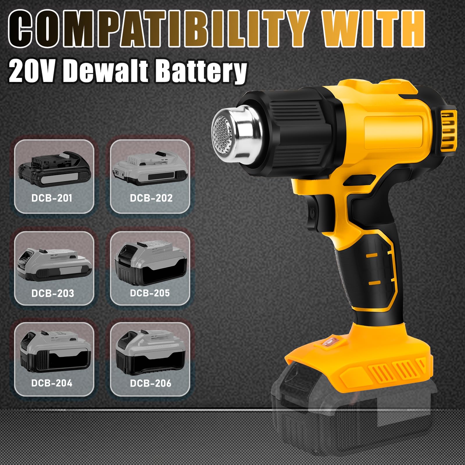 ConBlom Bezprzewodowa opalarka, pistolet na gorące powietrze, kompatybilny z akumulatorem DeWalt 20 V, 4 dysze, 2 ustawienia temperatury 300°C/550°C opalarka do rur termokurczliwych, rzemiosła, żywicy