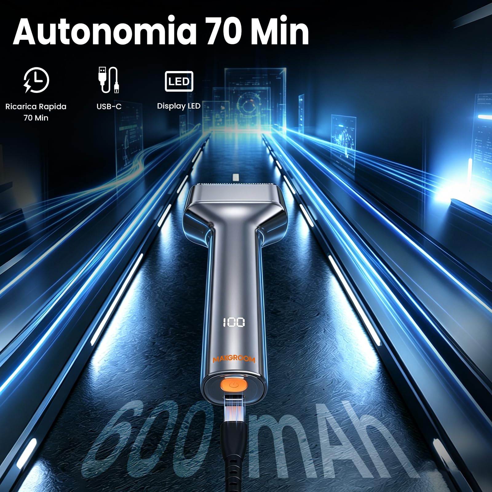 MAXGROOM Rasoio Elettrico Barba, rasoio elettrico a pelle a 3 testine flottanti, Shaver barba IPX7 testina rimovibile, 70 minuti di autonomia, 132 g leggero e portatile, USB-C e LED