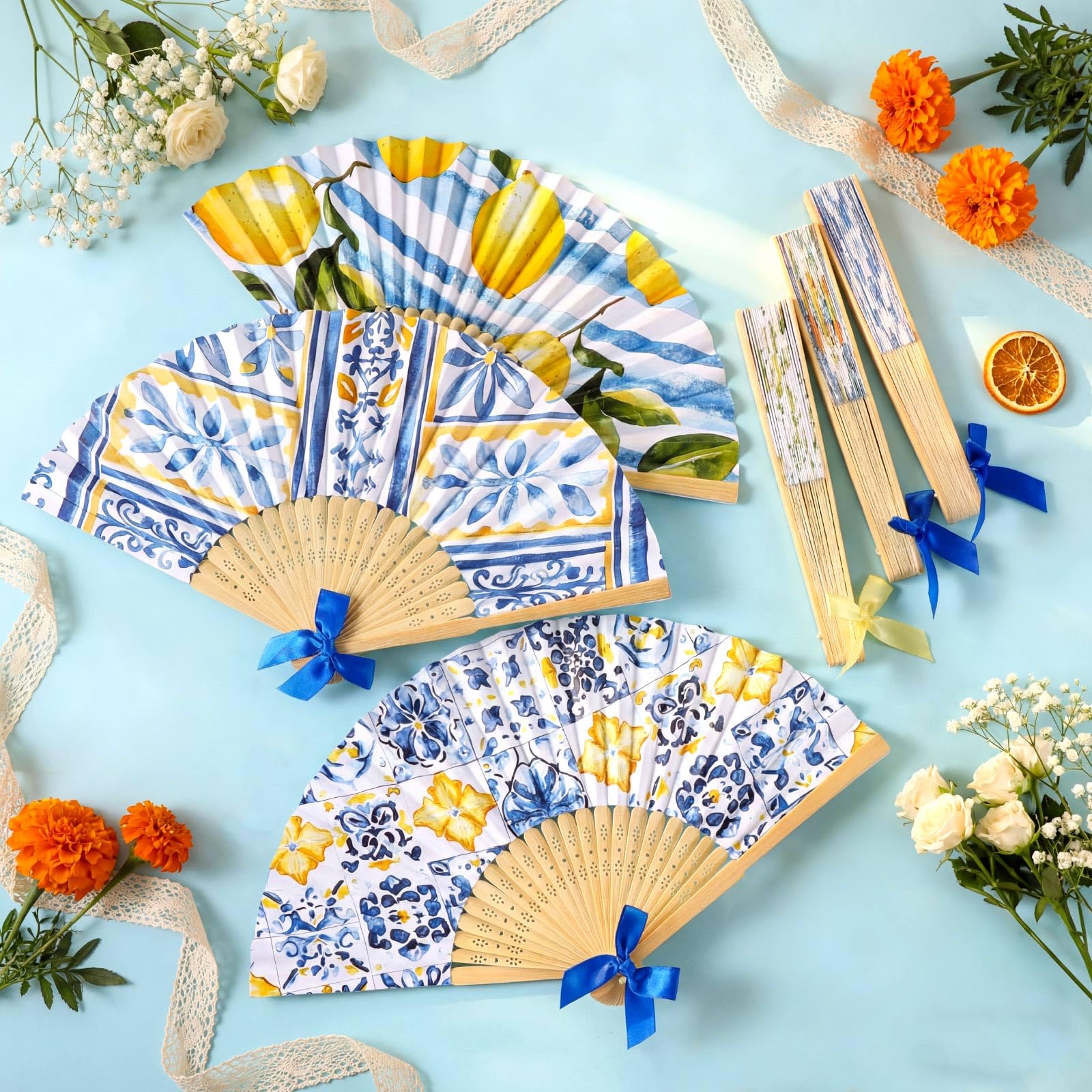 Roowest Amalfi Coast Capri Positano Lemon Faltbarer Handfächer Großpackung Sommer Mediterran Partyzubehör Faltbare Zitronenmuster Handfächer für Babyparty, Hochzeit, Geburtstag, Dekorationen