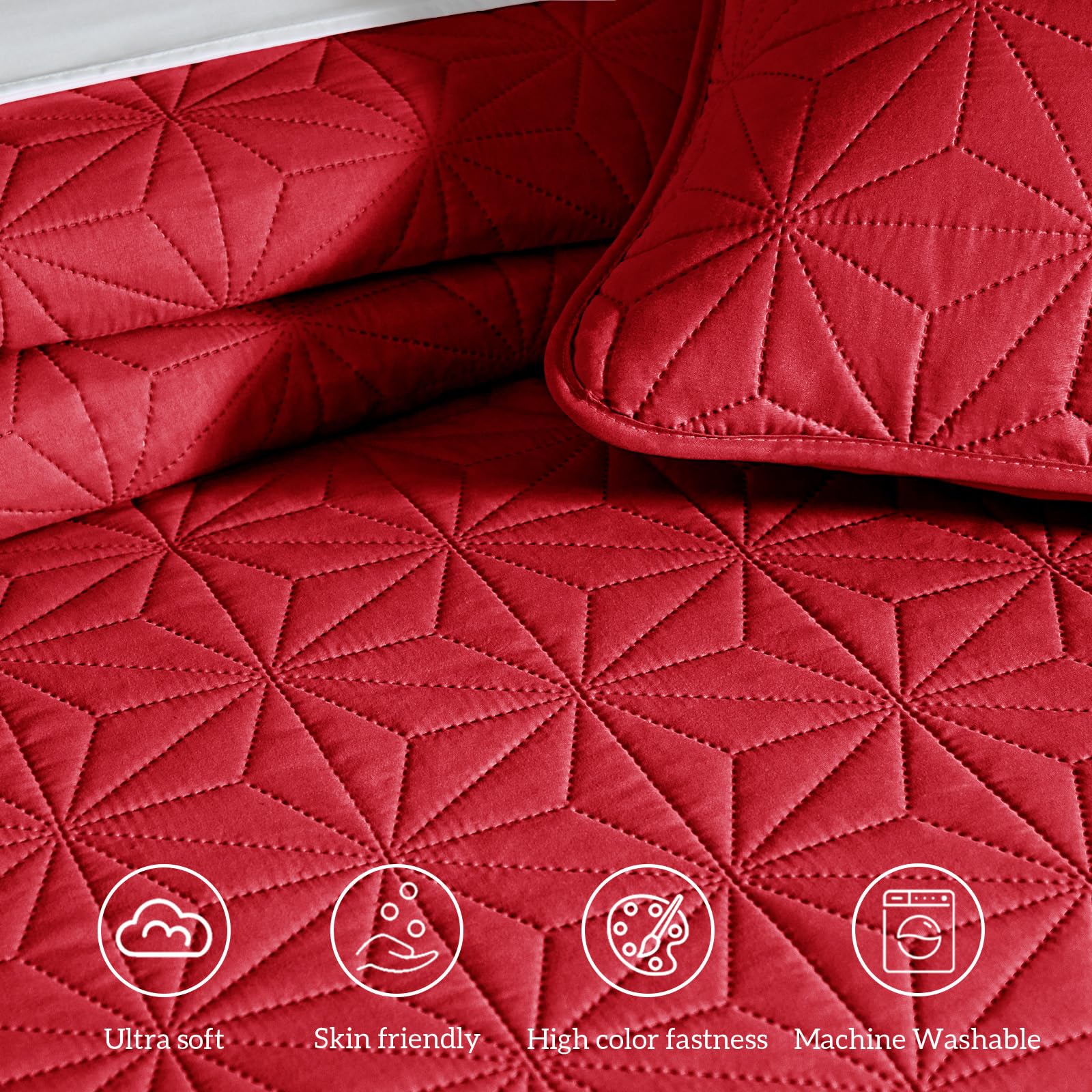 Whale Flotilla Sprei, bedsprei, 220 x 240 cm, sprei met 2 kussenslopen, zacht en licht dekbed met geometrisch patroon voor 4 seizoenen, rood