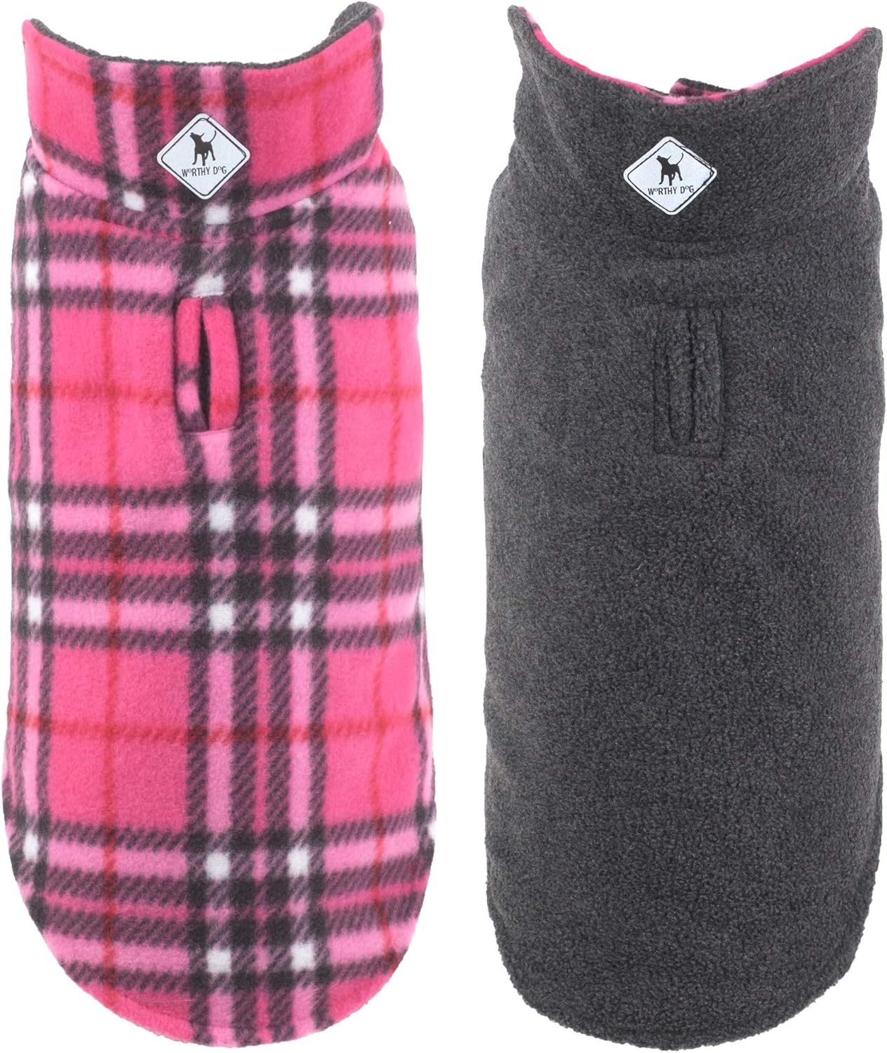 THE WORTHY DOG Fargo Reversible Fleece Dog Jacket - Double-Layer Wind-Resistant Coat with Adjustable Touch Fasteners & Harness Hole for Dogs, Pink, 12