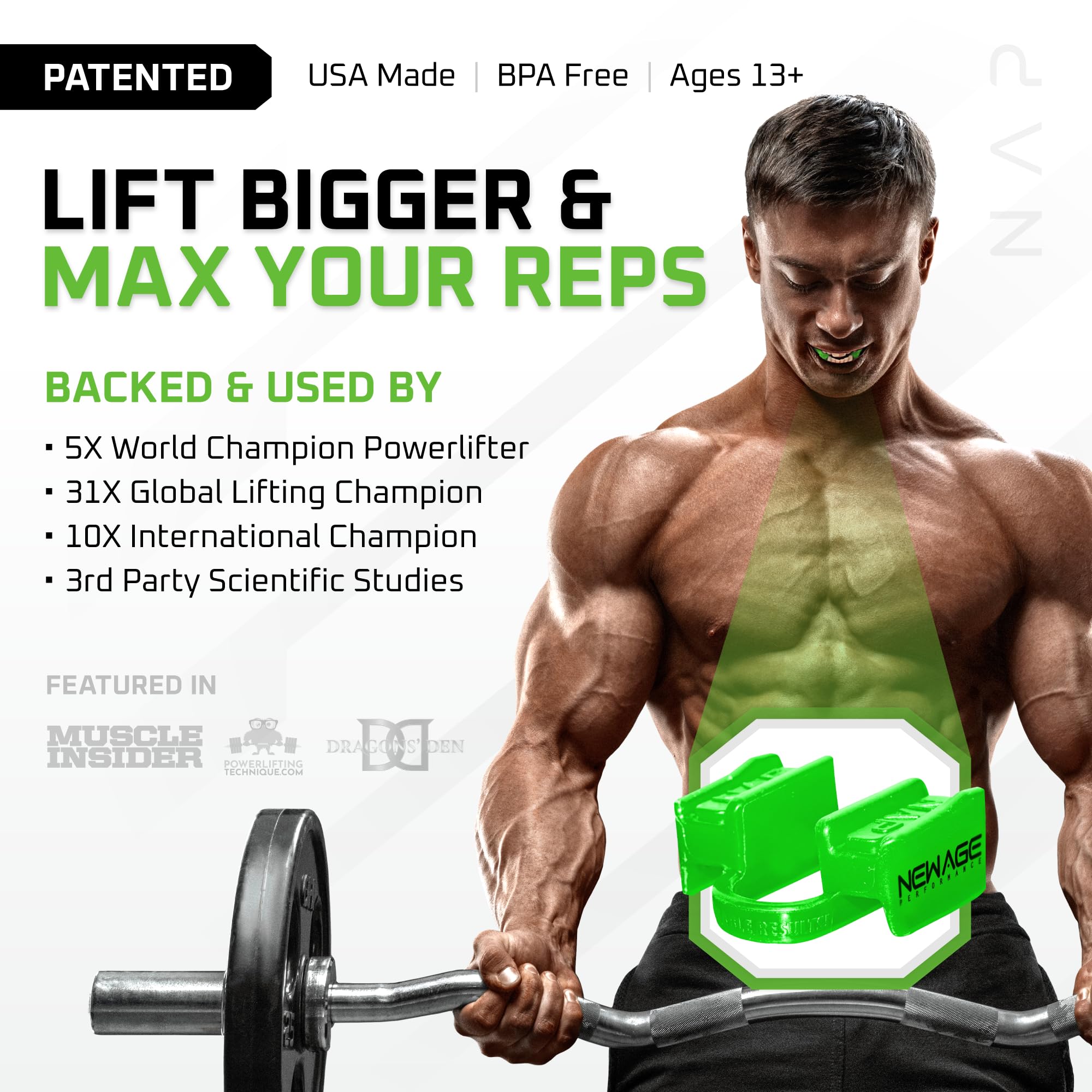 New Age Performance 6DS Gewichtheber-Mundstück, erhöht Kraft und Wiederholungen für Heben, Powerlifting, Strongmen, Bodybuilding, Calisthenics, Workout-Zubehör, Fitnessausrüstung, Limettengrün