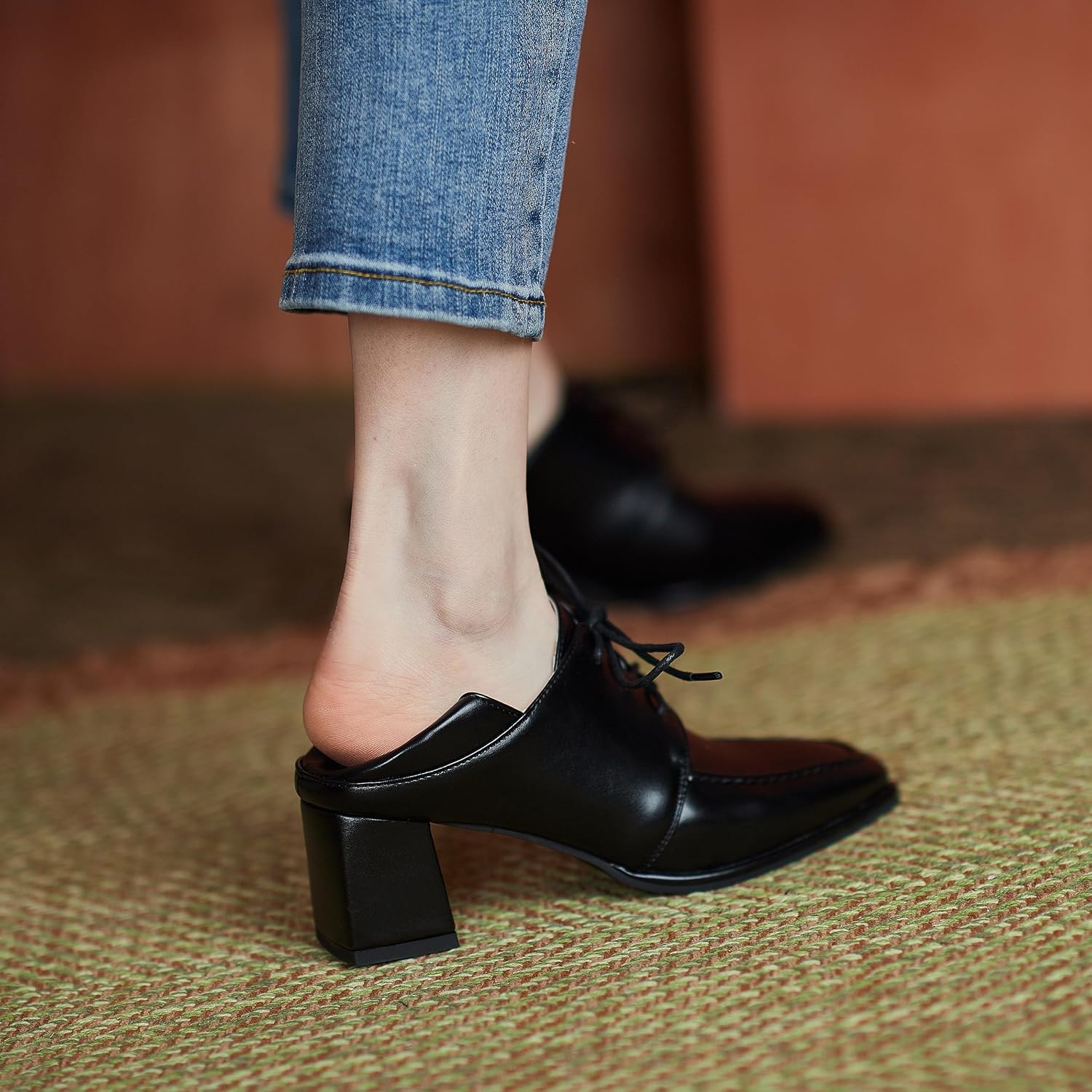 Women Loafer Heel Pumps Square Toe Block Heels Lace Up Business Casual Oxford Shoes