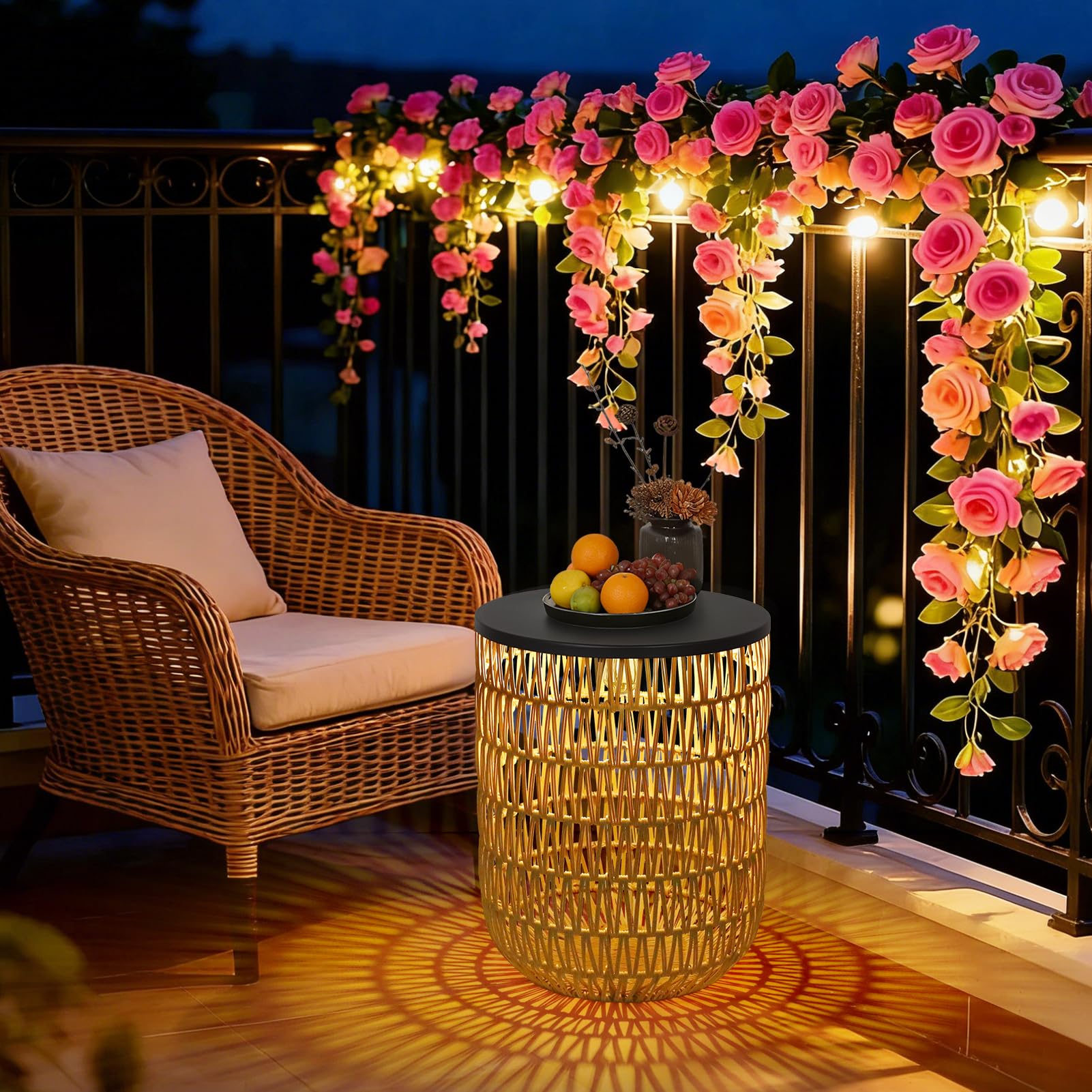 Rayofly Solar Beistelltisch Outdoor 2er Set, Rund Gartentisch Wetterfest mit Solarleuchte, Boho Solar Outdoor Tisch, Kunststoff-Rattan Solarlampe Tisch für Außen, Balkontisch, Beistelltisch Terrasse