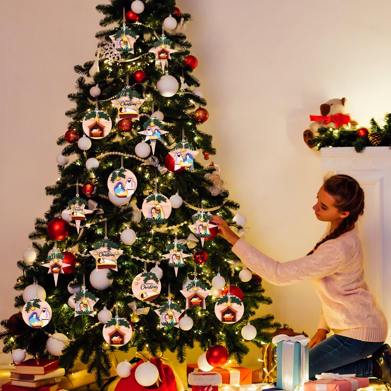 Lot de 28 décorations chrétiennes en bois pour sapin de Noël, crèche de Noël, décorations religieuses pour la famille, cadeaux inspirants, 14 styles Lot de 28 décorations chrétiennes en bois pour sapin de Noël, crèche de Noël, décorations religieuses pour la famille, cadeaux inspirants, 14 styles