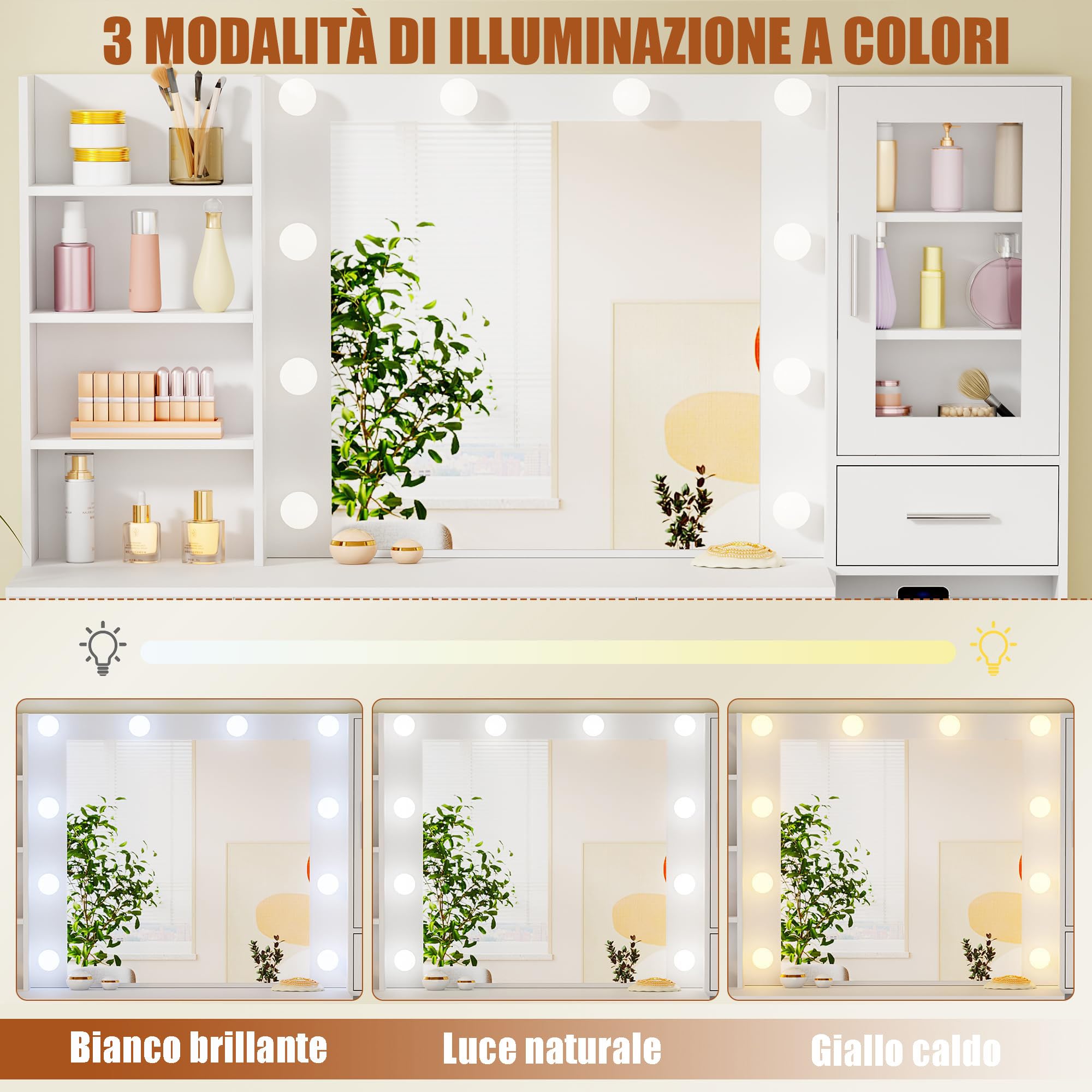 ANWBROAD Grande Toeletta con Specchio e Luci, Luminosità Regolabile, Bianco | Toeletta Trucco con Prese, Tavolo da Trucco con 15 Cassetti e 7 Ripiani Aperti per Camera da Letto Postazione Trucco BDT37W