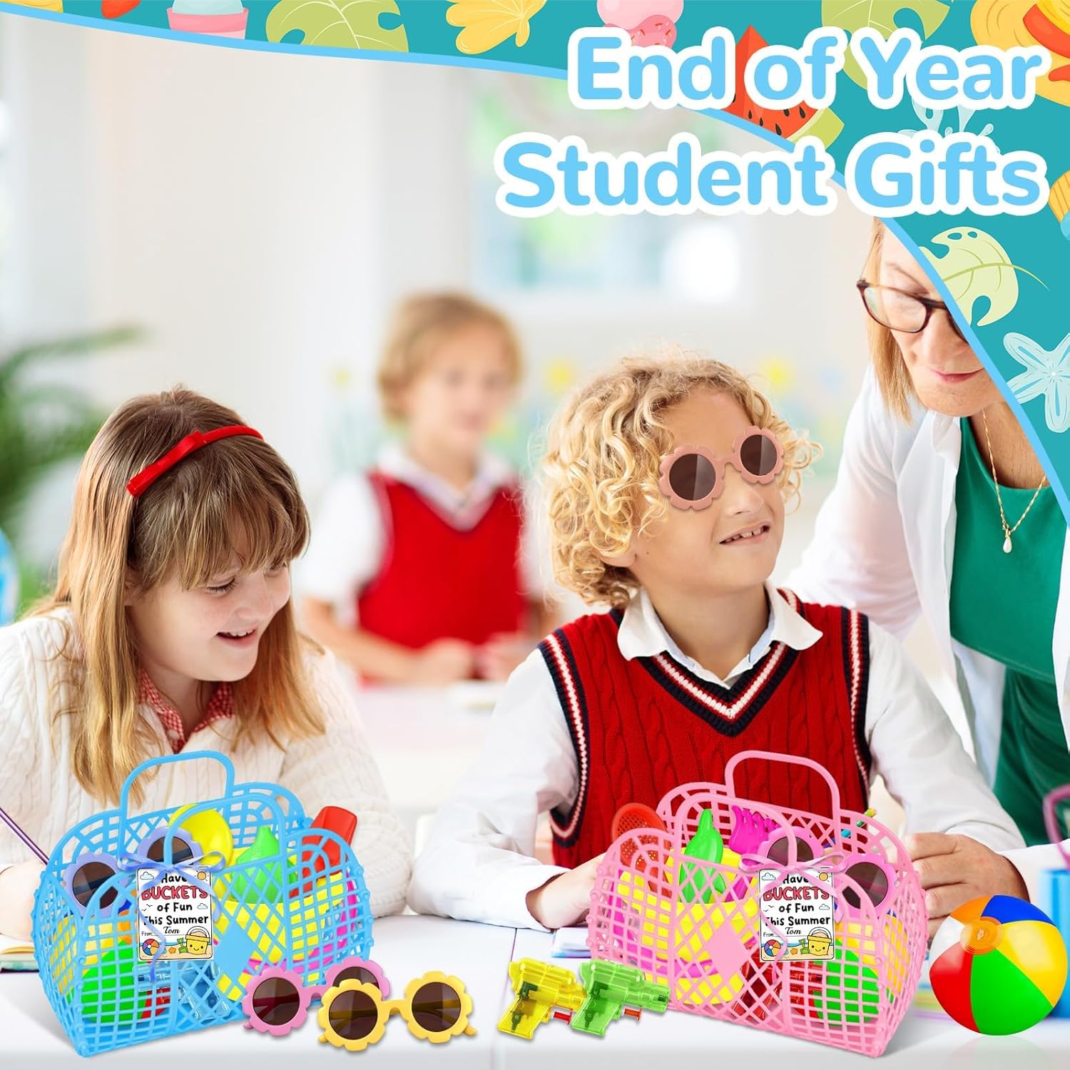 12 Sets End of Year Student Gifts Bulk Summer Party Favors Set with Beach Buckets Water Guns Sunglasses Beach Balls Summer Cards Classroom Pool Party Supplies Last Day of School Gifts
